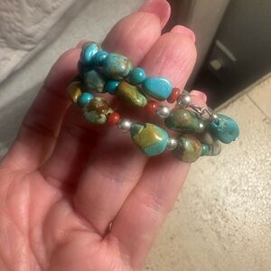 Authentic sterling silver and Turquoise and Coral Beaded wrap Bracelet